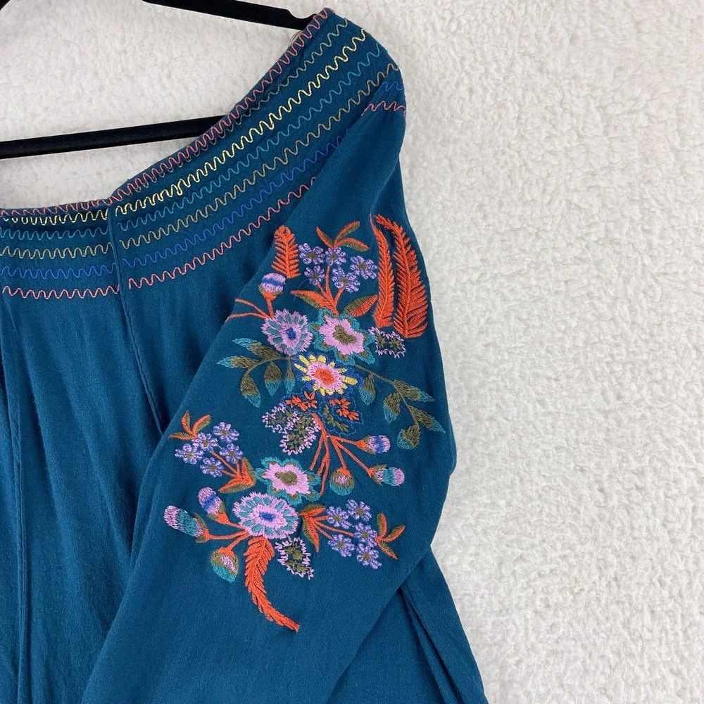 Umgee Top Womens Medium Blue Floral‎ Embroidered Off Shoulder Long Sleeve Boho